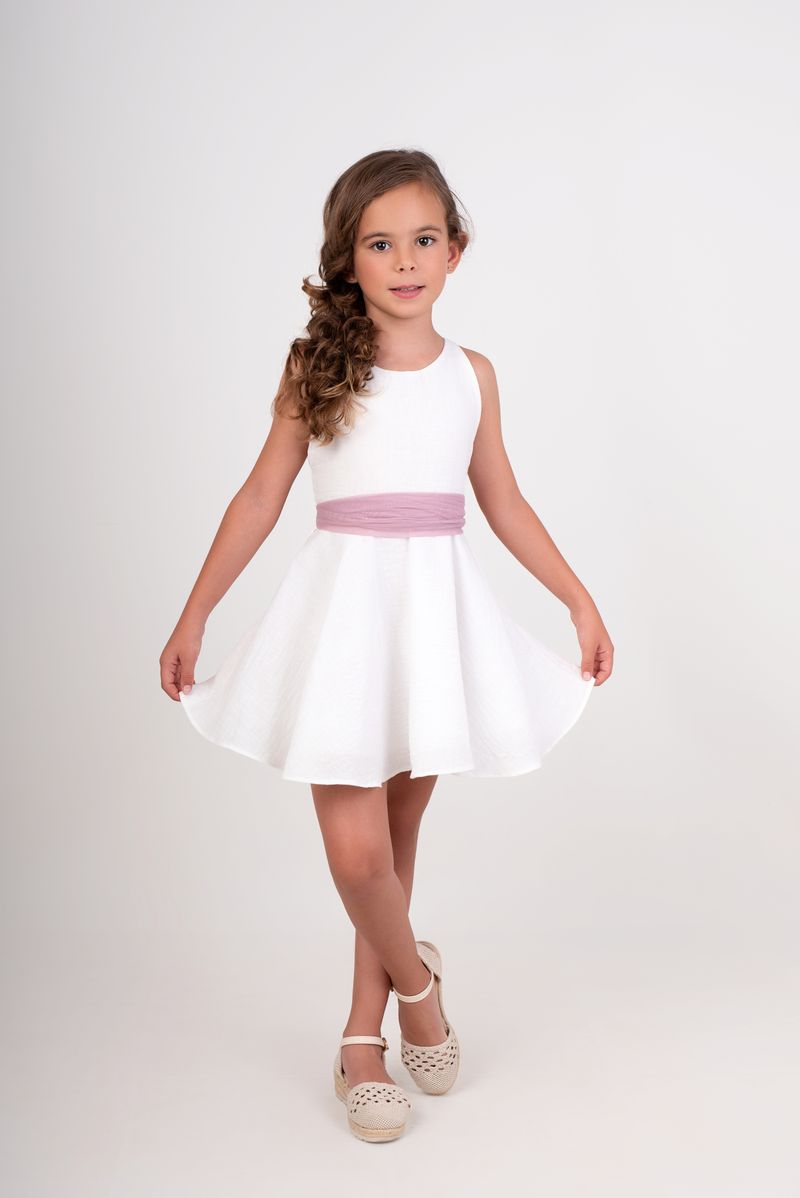 Vestido niña blanco con lazo rosa y espalda bordada Nekenia