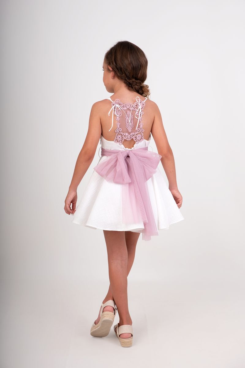 Vestido niña blanco con lazo rosa y espalda bordada Nekenia - Imagen 2