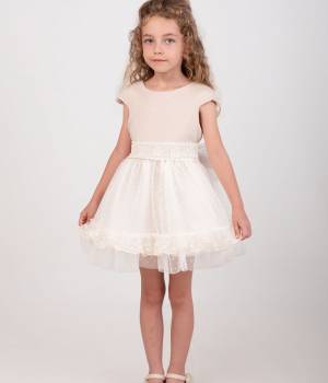Vestido niña beige con tul bordado y lazo trasero Nekenia