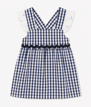 Vestido infantil vichy azul con volantes y cubre pañal - Paloma de la O