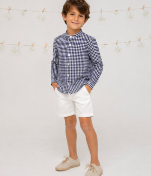 Conjunto de Camisa Cuadros Vichy Marino y Pantalón Corto Blanco para Niño – Paloma de la O