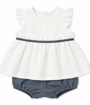 Conjunto de Blusa Blanca con Cinto y Ranita Azul Oscuro para Niña – BBZ Creaciones
