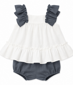 Conjunto Infantil de Blusa con Volantes y Ranita Azul Oscuro para Niña – BBZ Creaciones