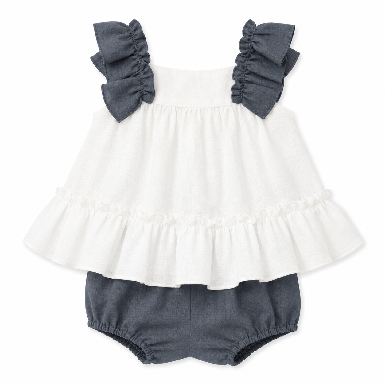 Conjunto Infantil de Blusa con Volantes y Ranita Azul Oscuro para Niña – BBZ Creaciones