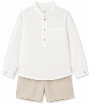 Conjunto para Niño de Camisa Blanca Cuello Tirilla y Pantalón Beige – BBZ Creaciones