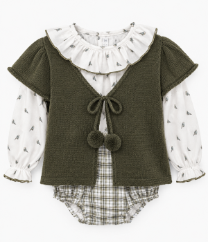 Conjunto Tres Piezas de Blusa Pájaros, Chaqueta Verde Caqui y Ranita Cuadros – Paloma de la O