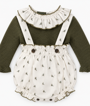 Conjunto Dos Piezas de Jersey Verde Caqui y Ranita con Tirantes Estampado Pájaros – Paloma de la O